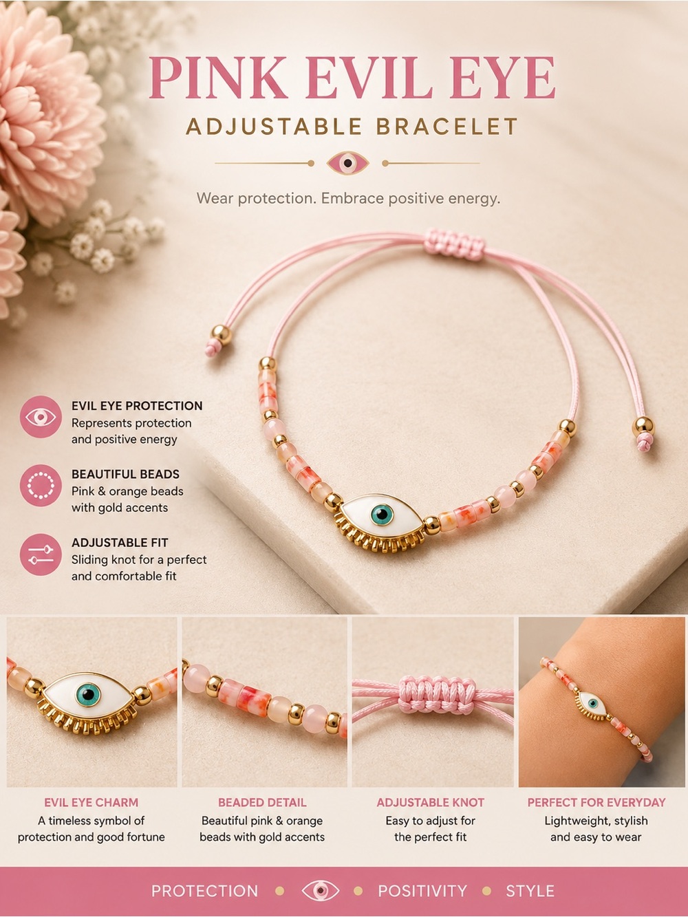 Pink Evil Eye Adjustable Bracelet - Protective Beaded Charm